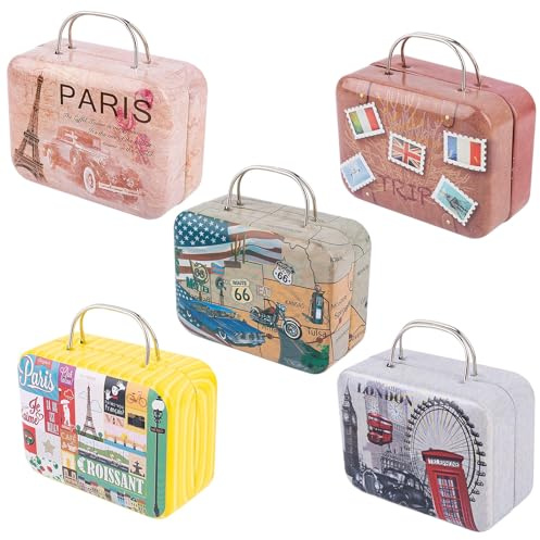 Framendino, Paquete de 5 mini maletas, cajas pequeñas de estaño de dibujos animados, caja de regalo, maleta, caramelos, rectangular, contenedor de monedas para decoración de fiestas y bodas