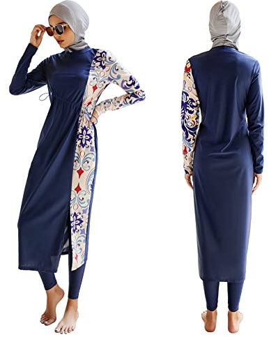 Odizli Damen Muslimische Bademode Islamisch Burkini Langarm Schwimmoberteile Built in Bra+Schwimmhose+Hijab 3tlg Full Cover Badeanzug