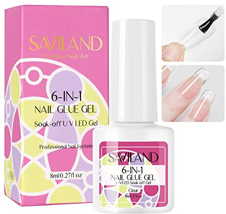 Saviland 6-IN-1 Strong Nail Glue, 10ml Gel Nail Glue for Acrylic Nails Press Fake Nails Tips Soaking UV LED Glue Gel for Nail Extension Manicure, Professional Nail Salon Home DIY Use