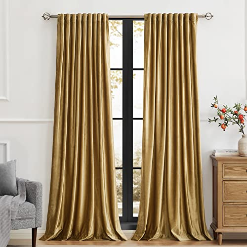 Goldfarbene Samtvorhänge, 213,4 cm lang, für Wohnzimmer, luxuriös, 2 Paneele, Raumverdunkelung, Stangentasche, Schlaufenvorhang, elegant, wärmeisoliert, schwer, weich, schalldicht, dekorative