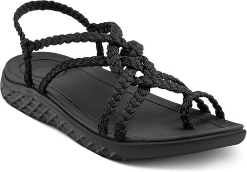 Plaka Explore Walking and Hiking Sandals for Women | Comfortable Summer Sandal with Arch Support | Waterproof Comfy Sandals for Travel, Beach or Poolside | Pure Black | size 7
