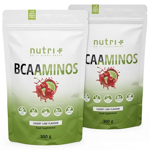 Nutri + BCAA Pulver 600 g Cherry Lime - Aminosäuren Complex hochdosiert - BCAAminos Instant Powder Kirsche vegan - Aminosäure 2:1:1 L-Leucin L-Isoleucin L-Valin - Aminosäurekomplex