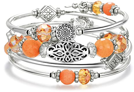 FULU AUTUMN Damen Boho Armband mit Mehrschichtiges Perlen Silber Wickelarmband Modeschmuck Geschenke zum Geburtstag und Muttertag für Frauen(Orange)