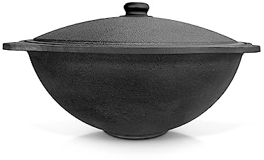 ZARENHOFF Gusseisen Kazan mit Deckel aus Aluminiumguss, flacher Boden,Usbekischer Topf, WOK, Kasan, Camping Topf, Feuerofen, BBQ Dutch Oven, Gulaschkanone, Schmortopf mit Deckel (8 L)