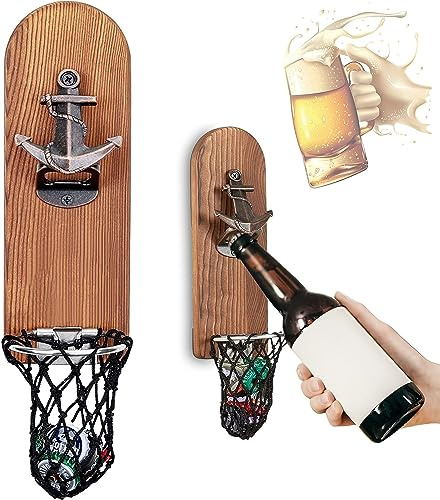 LUCYLANKER Beer Bottle Opener Wall Mounted with Magnetic Cap Catcher,Wooden Magnetic Bottle Opener for Fridge,Vintage Beer Gifts for Men, Man Cave Decor,Gifts for Men and Beer Lovers(Style 4)