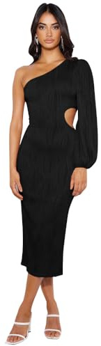 RPAEOY Vestido Mujer Fiesta Ajustado de un Solo Elegante Hombro Manga Larga Largo Abertura Vestidos de Noche para Cocktail Negro L