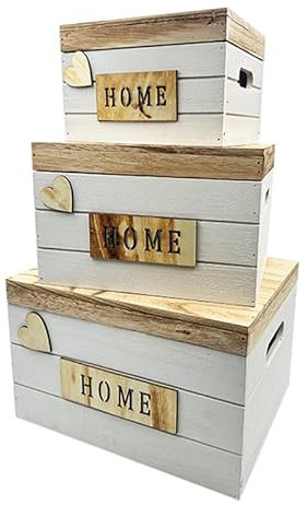 Virsus Set 3 Scatole con Coperchio in Legno Impilabili 8833, Colore Bianco, 30x25x19cm, 25x20x16cm, 20x15x13cm, Cassette Portaoggetti Decorativi con Maniglie, organizer per Camera, Cucina, Bagno