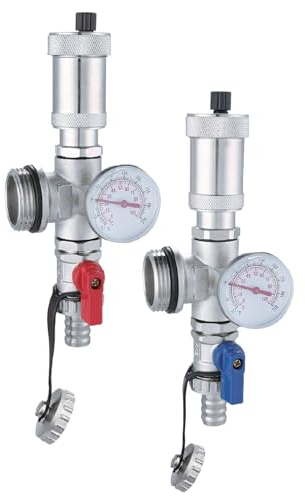 AQUA HEATING Valvola Di Sfiato E Valvola Di Scarico Per Collettori Del Circuito Di Riscaldamento Valvola Di Sfiato Per Collettori Con Termometro Rosso E Blu