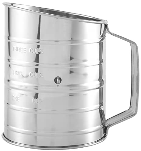 Qndanoan 3 Cup Stainless Steel Flour Sifter - Fine Mesh Rotary Hand Crank Flour Sifter with Agitator Wire Loop for Baking Cakes