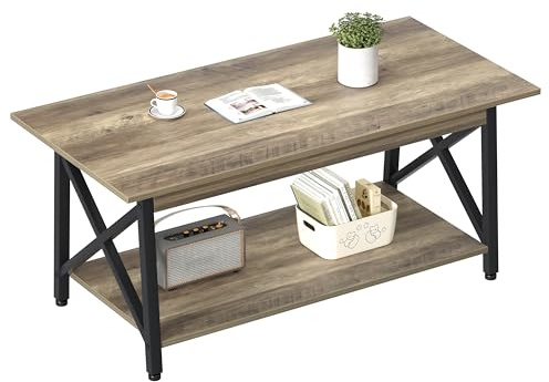 GreenForest Coffee Table with Storage, 100cm Living Room Coffee Tables with 2-Tier Storage Shelves, X-Frame Design Center Table for Home Office, Grey Wash