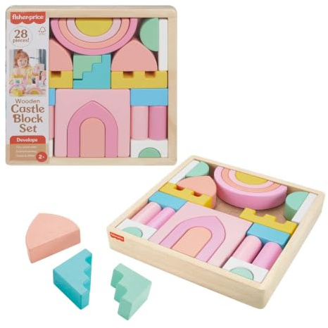 Fisher-Price Wood Toddler Toy Castle Block Set, 28 Wooden Pieces for Stacking Developmental Play Preschool Kids Ages 2+ Years