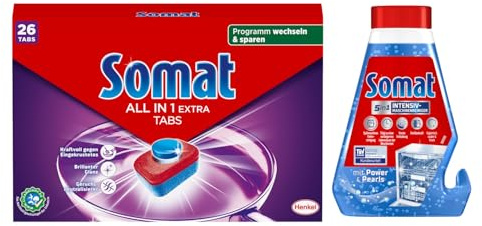 SOMAT Tabs 26 AW all in 1 Extra, Geschirrspül Tabs für strahlende Sauberkeit, bekämpfen selbst eingetrocknete Rückstände + Somat Duo Power Experten Intensiv-Maschinenreiniger 250ml