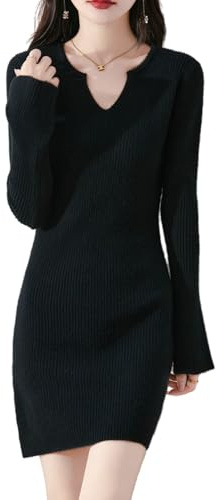 100% lana merino maglione abito donna tromba manica sottile stretto lavorato a maglia scollo a V pullover autunno inverno metà lungo top