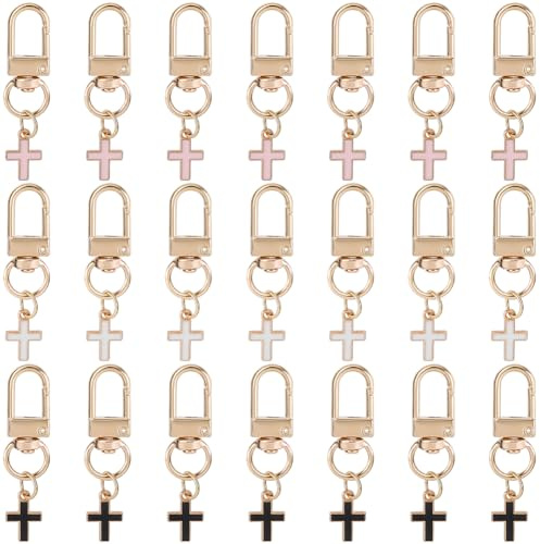 craspire 1 boîte de 21 Porte Clés en Métal de 3 Couleurs Croix Crucifix en Vrac Alliage d'or Émail Noir Blanc Rose Breloque Porte Clés avec Fermoirs Pivotants pour Clés Sac à Main Sacs à Dos