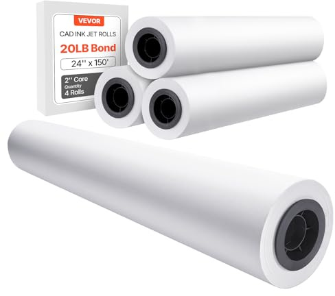 VEVOR Wide Format Paper, 24 in x 150 ft Plotter Paper, 4 Rolls CAD Bond Rolls with 2 in Core, 20 LB Bond Paper Rolls, Idea for CAD Drawings, Engineering Plans, GIS Maps & Architectural Designs