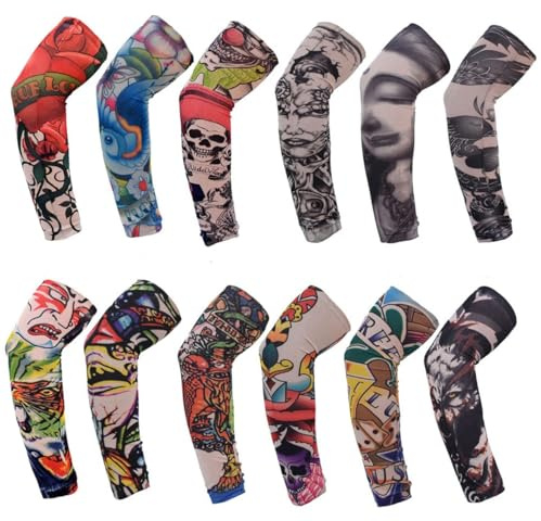 Zwenjuan 12 stycken tatueringsärmar för män och kvinnor, tatoo armstrumpor, arm, tatuering, ärmar, stretchiga, nylontatueringsärmar, för utomhuscykling, sommar, solskydd