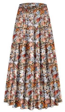 LiCot Women's Maxi Skirt with Pockets High Waisted Casual A-Line Pleated Long Skirts (Coffee Floral, L)