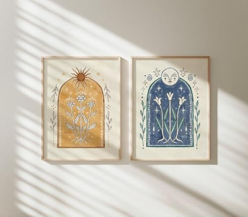 LZJAGXX Mond- und Sonnen-Poster, Kunstdruck, Mond-Dekor, Boho-Heimgalerie, Wandbilder, Blumen, Kunstwerk für Wohnzimmer-Dekor, 70 x 100 cm x 2, rahmenlos