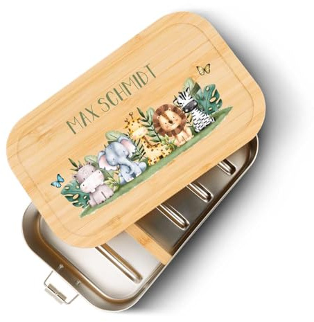 GRAVURZEILE Brotdose aus Weißblech mit bedrucktem Bambusholzdeckel - Lunchbox mit Tiergruppe Safari Motiv - Personalisiert mit Name - Geschenk für Kinder zum Schulanfang - Größe: Klein