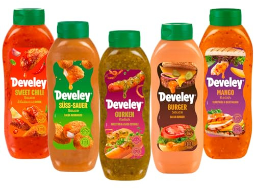 Develey – Saucen-Set 5x875 ml Squeeze-Flaschen im Bundle – Bundle bestehend aus Sweet Chili, Süßsauer, Burger, Mango Saucen & Gurken Relish - Perfekt für viele Gerichte als Topping oder Dip