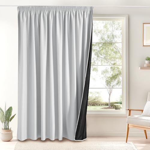 PONY DANCE Extra Breite Vorhänge Verdunkelung Thermovorhang Hitzeschutz | 1er Set H 245 x B 300 cm, Grau-weiß, für Schienensystem, 100% Blickdicht, Gardinen mit Kräuselband, für Schlafzimmer