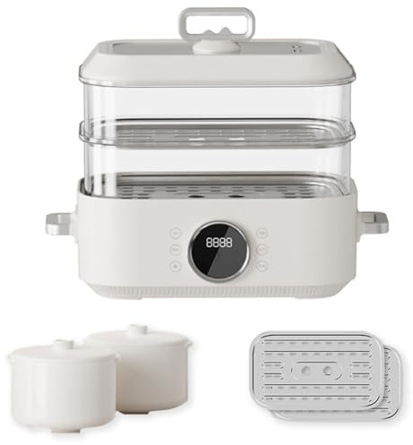 Vapor de vapor eléctrico de olla caliente, cocina vaporizadora de 10 litros, 1350W con 2 vapores de acero inoxidable, revestimiento de cerámica para albóndigas de sopa, vieiras, gambas y batatas.