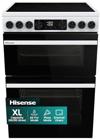 Hisense HDUKC60W 60cm Electric Cooker with Ceramic Hob-White, A Rated Double Oven 50L/80L [Energy Class A]