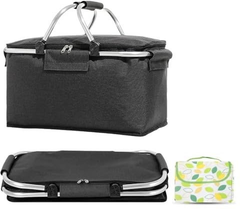 txuzong Panier Pique-Nique Isotherme Pliable 22.5L avec Poignée Aluminium - Panier de Courses Portable pour Travail, Voyage, Plage - Offert: Tapis de Pique-Nique 2x2m