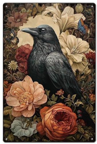 SUPERDANT Vintage Crow Metal Signs Gothic Raven Tin Sign Floral Butterfly Iron Wall Plaques Retro Art Poster for Man Cave Bar Pub Home Living Room Decoration