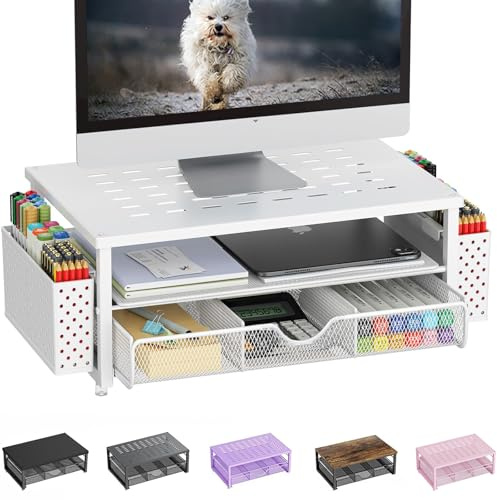 Pygocereri Monitorständer, Schreibtisch Organizer mit Schublade und 2 Stifthaltern, Monitor Erhöhung für Bildschirm und Laptop, ergonomischer Desktop Ständer für Büro Zubehör (Weiß)