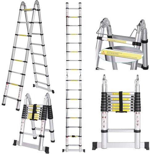 COOCHEER Scala telescopica da 5 m, in alluminio, allungabile con 16 pioli, scala pieghevole da 5 metri, scala multiuso fino a 150 kg, per soffitta e casa