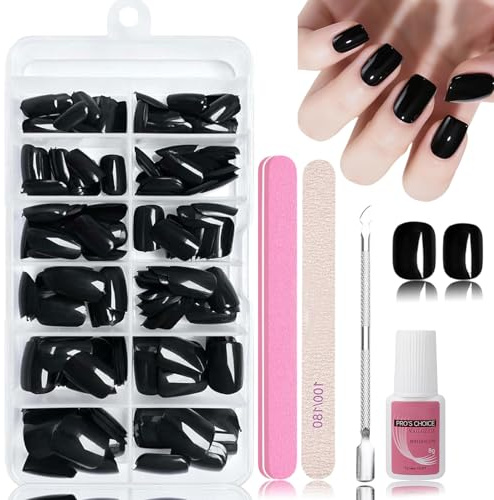 Virellay 120 Stück Schwarz Nägel Zum Aufkleben, Kurze Schwarz Press on Nails, Glänzende Künstliche Nägel für Halloween, Full Cover Fake Nails mit Nagelkleber für Maniküre DIY (Black, Kurz)