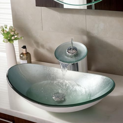 kiciykc Silver Glass Bathroom Sinks 540mm x 350mm x 165mm | Bowl Sink for Bathroom,Oval Wash Basin Sink,Countertop Sink with Tap and Pop-Up Waste Set