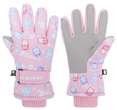 QKURT Guantes de esquí para niños, Antideslizantes, de Poliuretano, cálidos, para Invierno, Trineo, Ciclismo, térmicos, Resistentes al Viento, para Clima frío, Nieve, Color Rosa, búho, de 2 a 9 años