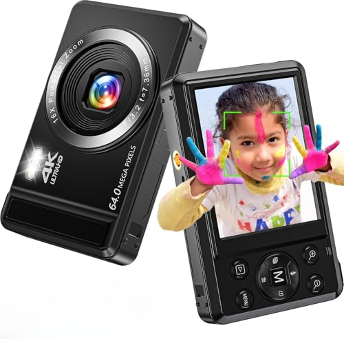 4K 64MP Digitalkamera, Autofokus Fotoapparat mit 32GB TF-Karte, Kompaktkamera mit 1200mAh Batterie, USB-Kabel für Teenager Kinder Erwachsene Ältere Anfänger