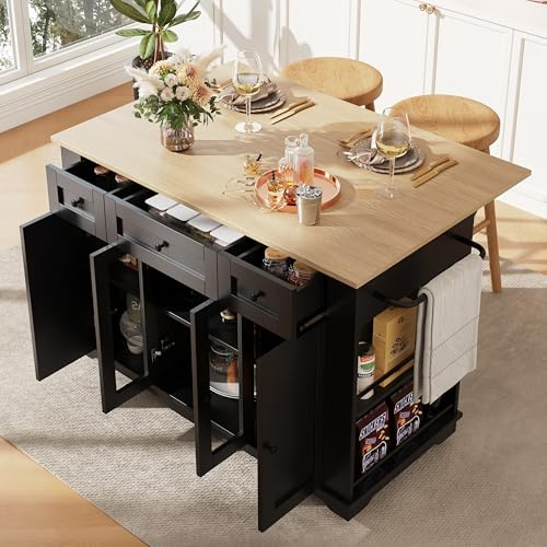 EINHOM Kitchen Island with Wheels, Kitchen Trolley with Storage Space & Snack Shelves & Adjustable Table Top, For Kitchen, Dining Room, Living Room, 151.5x60x91.7 cm (Black - A)