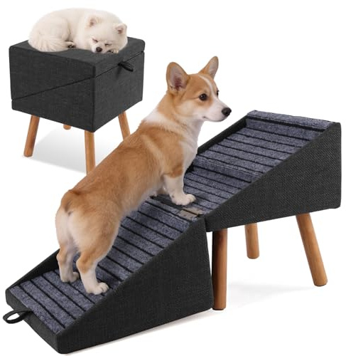 Hundetreppe für kleine Hunde, 2-in-1-Trittleiter und Ottomane – zusammenklappbare Hundetreppe für das Sofa, rutschfeste Holztreppe für Welpen, ältere und verletzte Hunde (schwarz43,5 cm hoch)