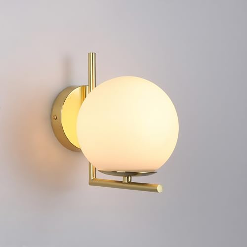 BARCELONA LED Applique da Parete a Sfera in Vetro Bianco Opalino Oro Margaret Vintage Moderno | Lampada da Parete Interno Rotonda in Cristallo e Metallo Dorato E27 per Soggiorno Camera Corridoio