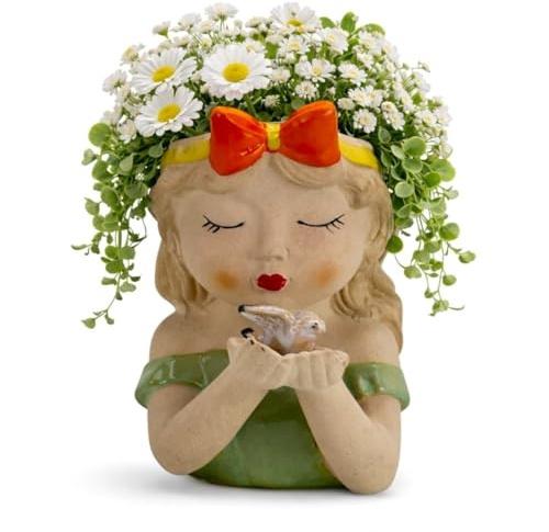 Online Fuchs Blumentopf Frauenkopf, Mädchen Gesicht für Blumen, Pflanzen oder Kräuter - Pflanztopf oder als Vase - aus Keramik gefertigt, 17 cm groß (Mädchen mit Vogel)