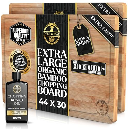 Deer & Oak X-Large Bamboo Chopping Boards (2 Pack) & 100ml Oil Bundle | 44x30x2cm Each · Food Grade Mineral Formula