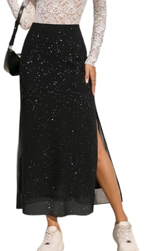 seiveini Jupe Femme Longue en Maille Jupes avec Fendue A Paillettes Noir M