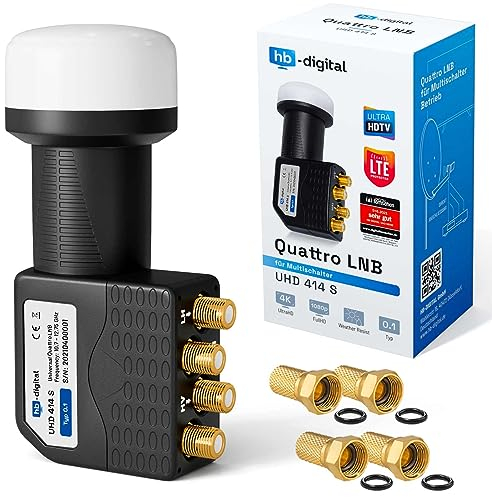 HB DIGITAL SET Quattro LNB LNC para Multiswitch Sistema Sat FULL HD TV 3D 4K UHD + contactos chapados en oro + protección contra el clima Receptor telescópico de satélite SAT con 4 conectores F chapados en oro
