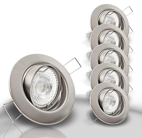 trendlights24 Decora Decken Einbaustrahler flach 35 mm 230V 5er Set - LED Spots je 5W Warmweiß 400lm austauschbar - Edelstahl gebürstet Optik 68 mm