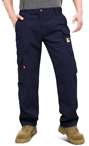 KONRECO FR Pants for Men Cargo Pockets Flame Resistant 7.5oz 100% Cotton Elastic Waist Work Pants Navy
