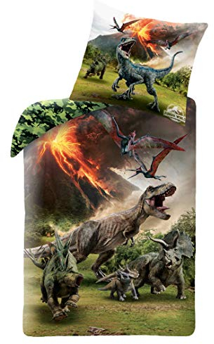 MTOnlinehandel Dino Jurassic Jungen-Bettwäsche · 1 x Kissenbezug 80x80 + 1 x Bettbezug 135x200 cm · Jurassic World Dinosaurier · 100% Baumwolle · Kinderbettwäsche