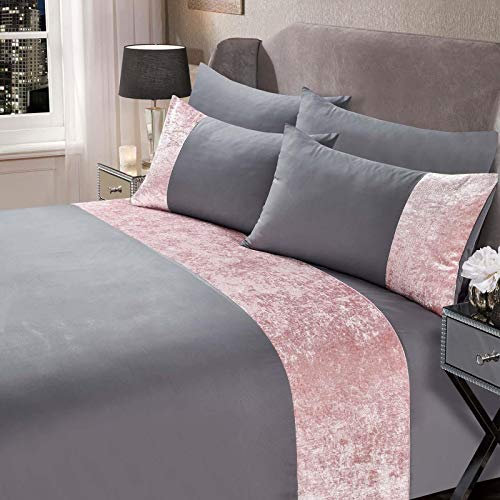 Sienna Single Duvet Cover Set, Super Soft Warm Cosy Luxurious Blush Pink Crushed Velvet Band Design Stylish Silver Grey Quilt Single Bedding Set with Pillowcase