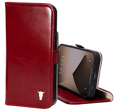 TORRO Phone Case Compatible With iPhone 12 Pro Max - Quality, Genuine Leather Cover With Card Slots and Horizontal Viewing Stand [Durable Frame] (Red) - 6.7 inches