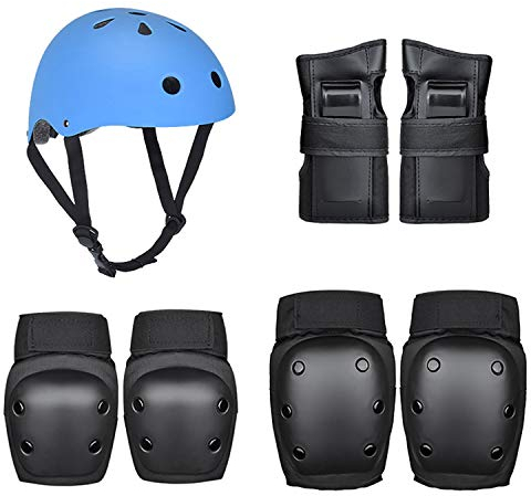 Kaiyei Kinder Skateboard Protektoren 7-teiliges Set, Helm & Knieschützer & Handgelenkschoner & Ellbogenschoner Schutzausrüstung für Rollschuhe Fahrrad Inliner Skate Blau + Schwarz S