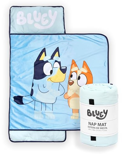 Jay Franco Kids Nap Mat with Embedded Pillow & Blanket – Soft 46x20 Microfiber Sleeping Bag with Name Tag & Handle for School, Travel, Sleepover, Blue - Bluey