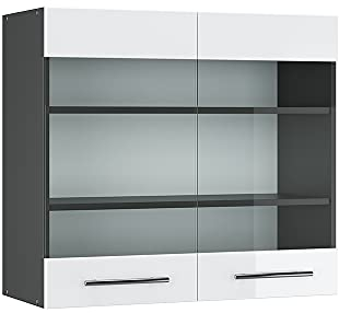 Vicco Küchenglasschrank Fame-Line, Glashängeschrank, Weiß Hochglanz/Anthrazit, 80 cm